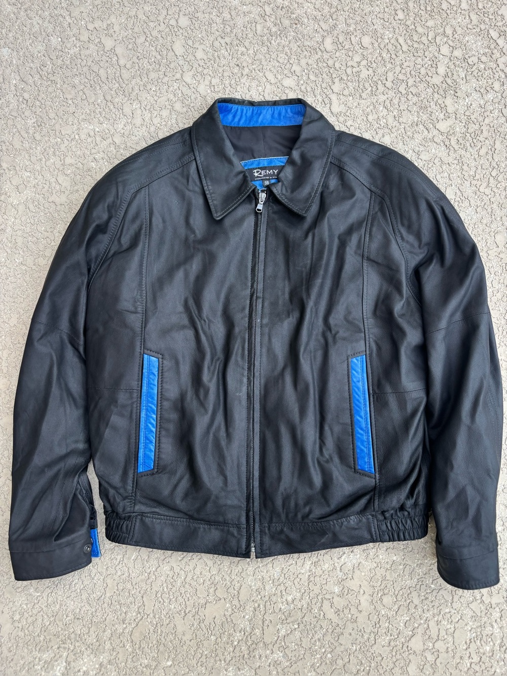 Remy Men's Lambskin Leather Bomber Jacket Black Blue Trim Sz 38 Small